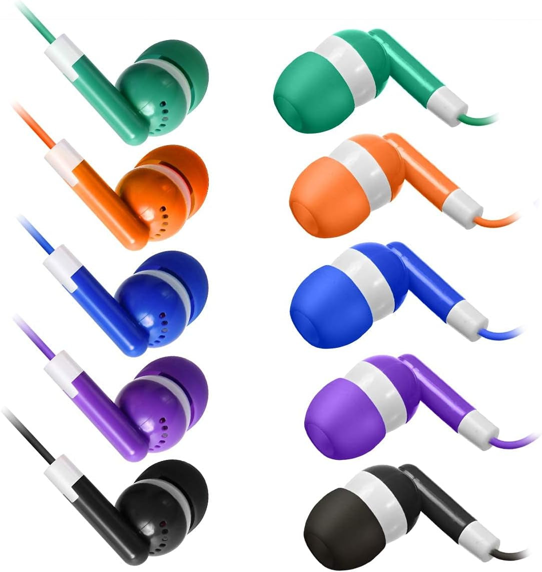 Bulk Earbuds 50 Pack for Classroom Wholesale Earbuds Headphones Wired Stereo Earphones Multi Color for Kids Toddlers Teen at School Library Room Homeschool Online Teaching