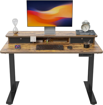 Height Adjustable Electric Standing Desk with Double Drawer, 48 X 24 Inch Stand up Table with Storage Shelf, Sit Stand Desk with Splice Board, Black Frame/Black Top