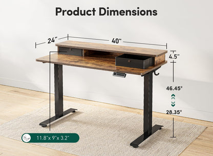 Height Adjustable Electric Standing Desk with Double Drawer, 48 X 24 Inch Stand up Table with Storage Shelf, Sit Stand Desk with Splice Board, Black Frame/Black Top