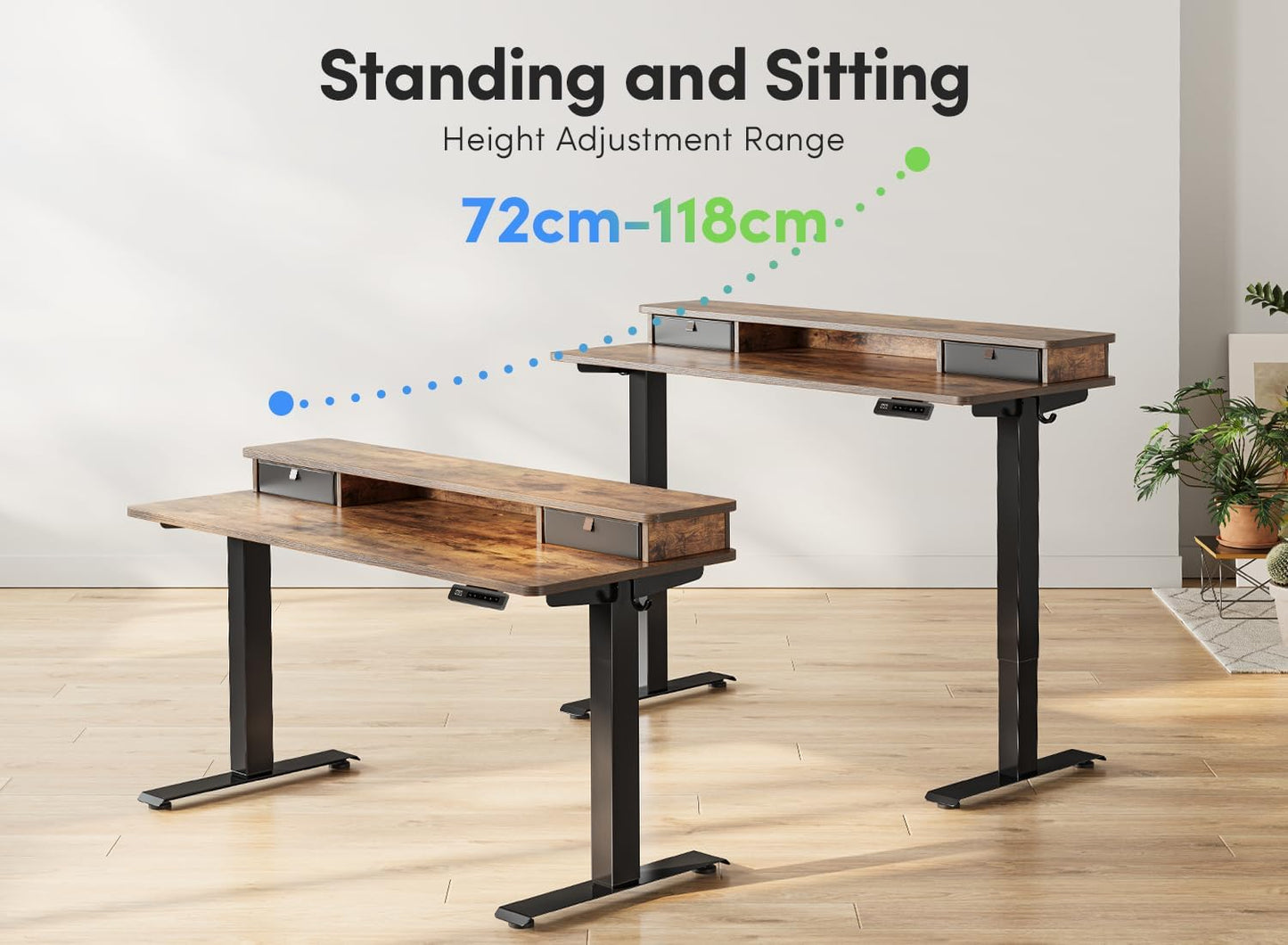 Height Adjustable Electric Standing Desk with Double Drawer, 48 X 24 Inch Stand up Table with Storage Shelf, Sit Stand Desk with Splice Board, Black Frame/Black Top