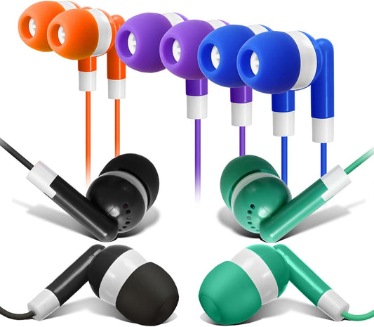Bulk Earbuds 50 Pack for Classroom Wholesale Earbuds Headphones Wired Stereo Earphones Multi Color for Kids Toddlers Teen at School Library Room Homeschool Online Teaching